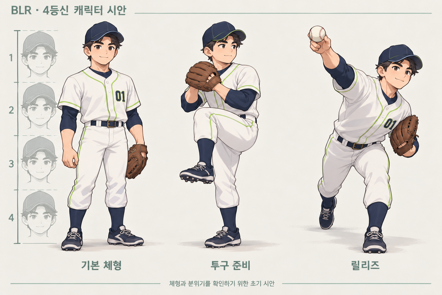 첫 번째 캐릭터 시안: 기본 체형, 투구 준비, 릴리즈. 그림의 4등신 표기는 실제 약 4.5~5등신 비율과 차이가 있습니다.